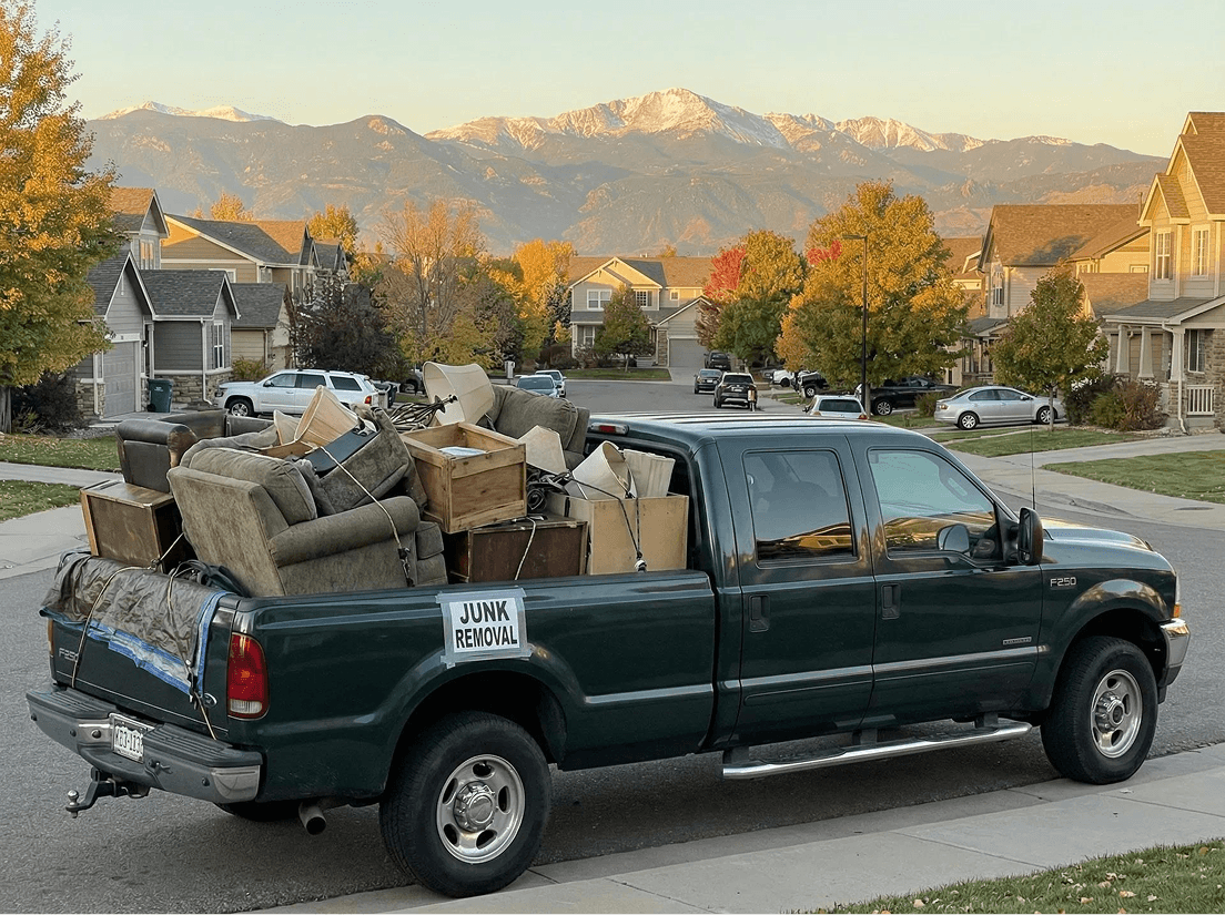 Mountain Men junk removal truck loaded up in a Colorado Springs neighborhood, with Pikes Peak in the background